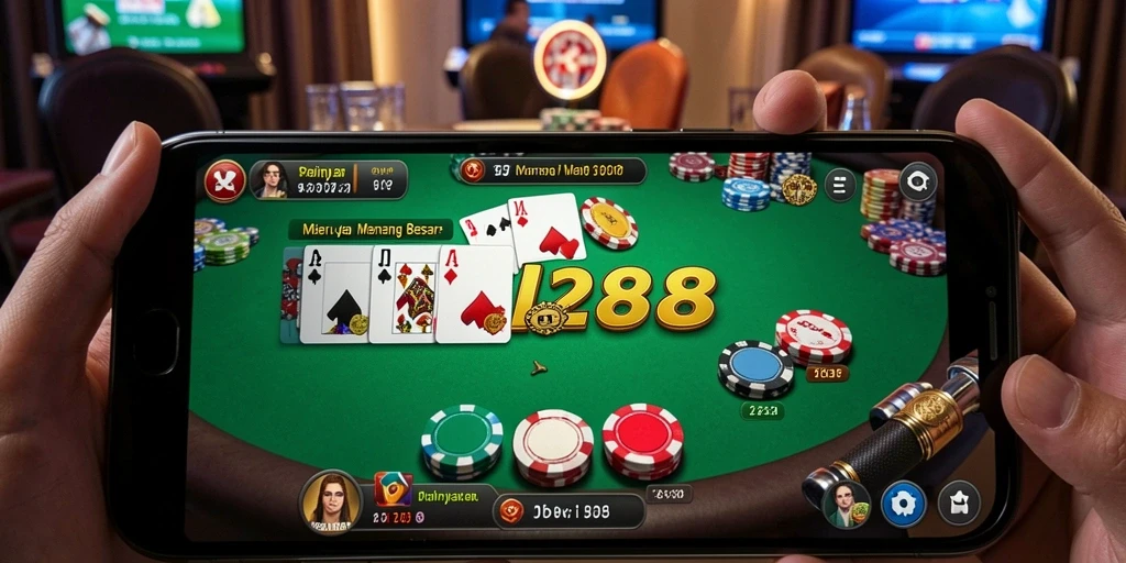Tampilan seru gameplay Poker di DEWI288 dengan pemain dan taruhan nyata.