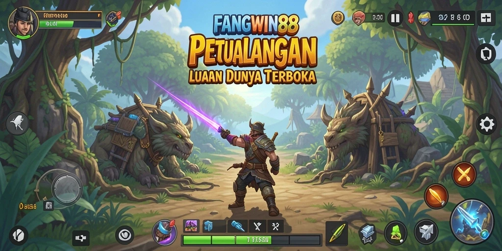 Screenshot inti gameplay FANGWIN88 menampilkan eksplorasi dunia terbuka yang luas.