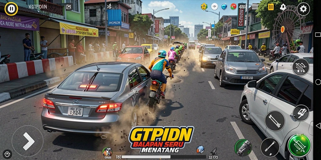 Tampilan gameplay GTPIDN menampilkan balapan yang seru di jalanan kota.