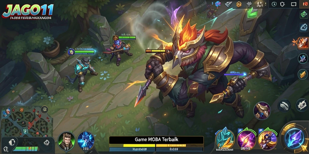 Screenshot Gameplay JAGO11 menampilkan pertempuran seru antar tim MOBA.