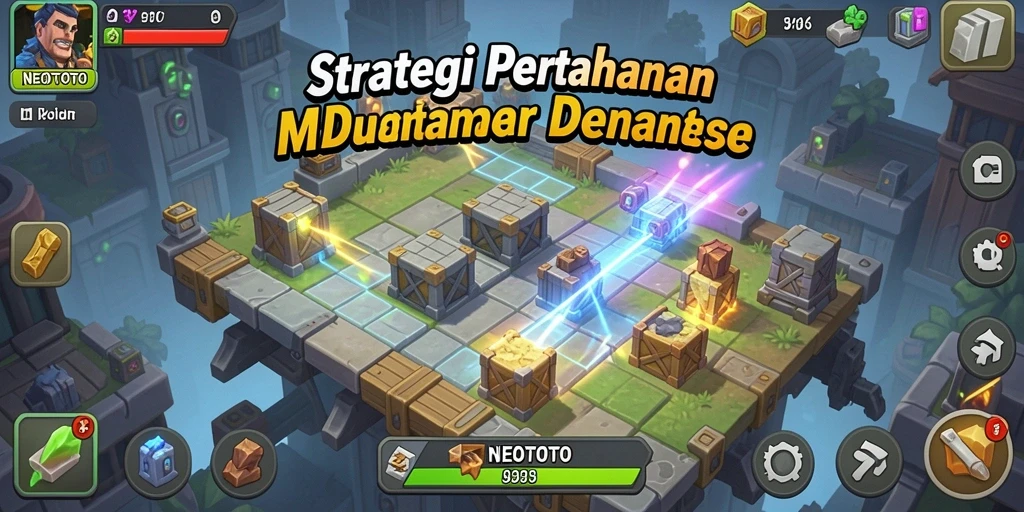 Screenshot gameplay NEOTOTO menampilkan aksi pertahanan menara yang mendebarkan.