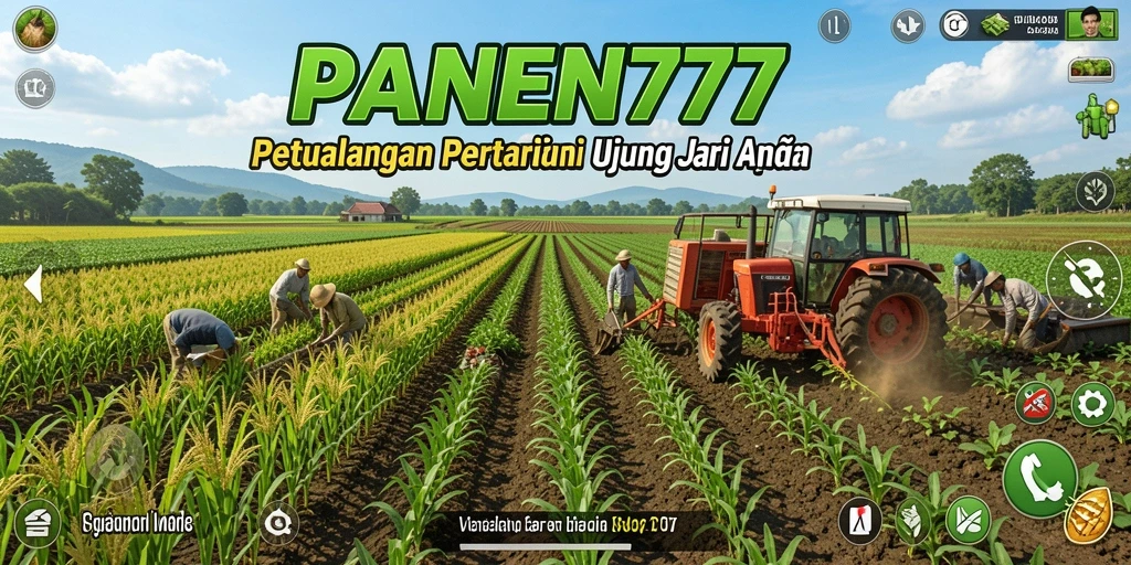 Screenshot utama PANEN77 menampilkan petani yang merawat tanaman hijau yang segar.