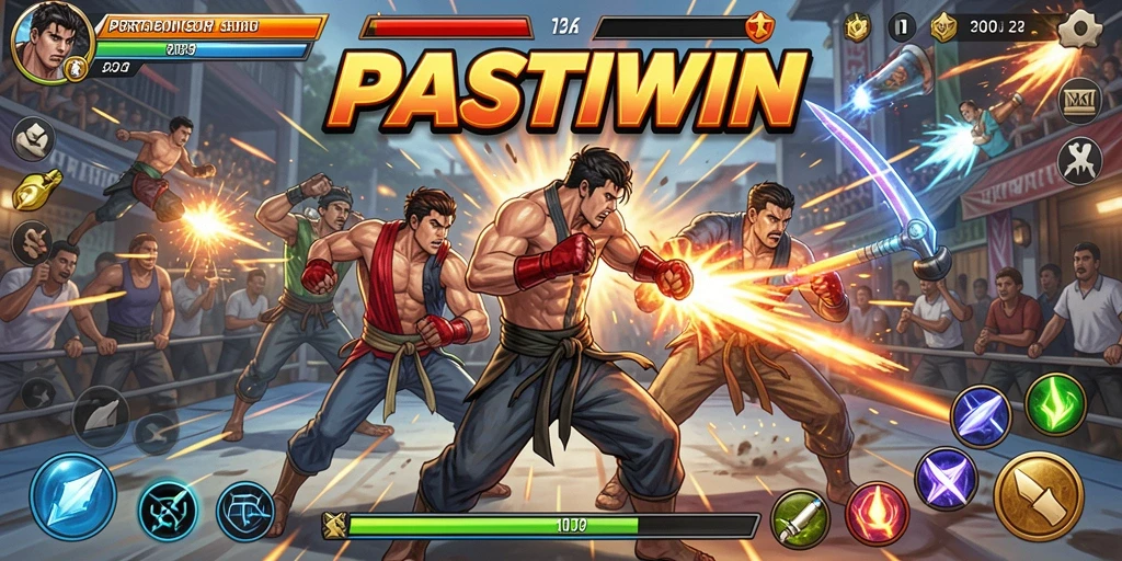 Screenshot PASTIWIN menunjukkan aksi pertarungan mendebarkan antara karakter yang berbeda.