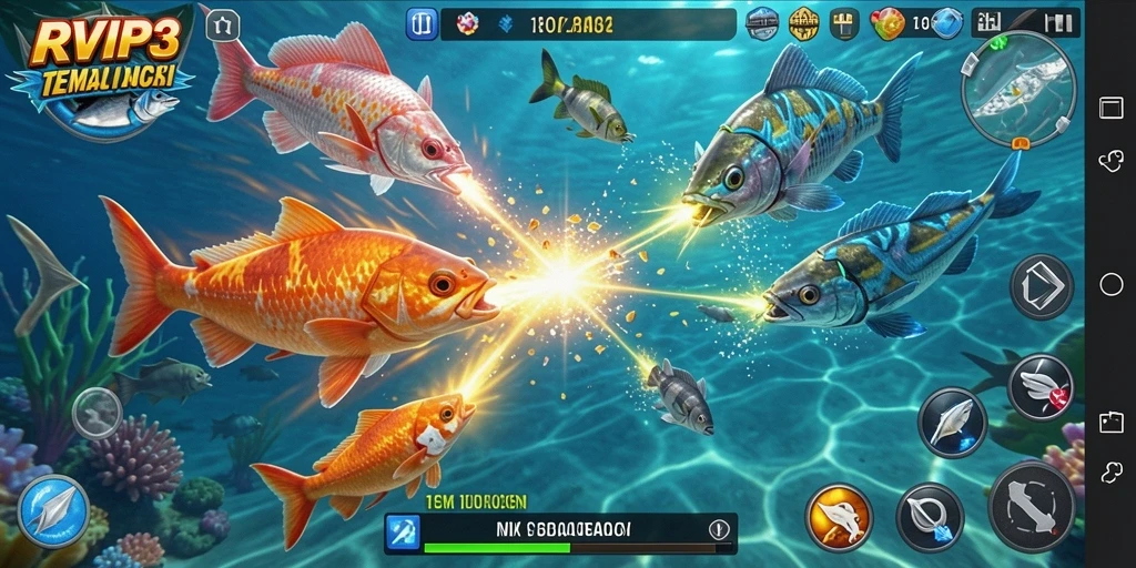 Screenshot gameplay RVIP3 menampilkan aksi menembak ikan yang seru.
