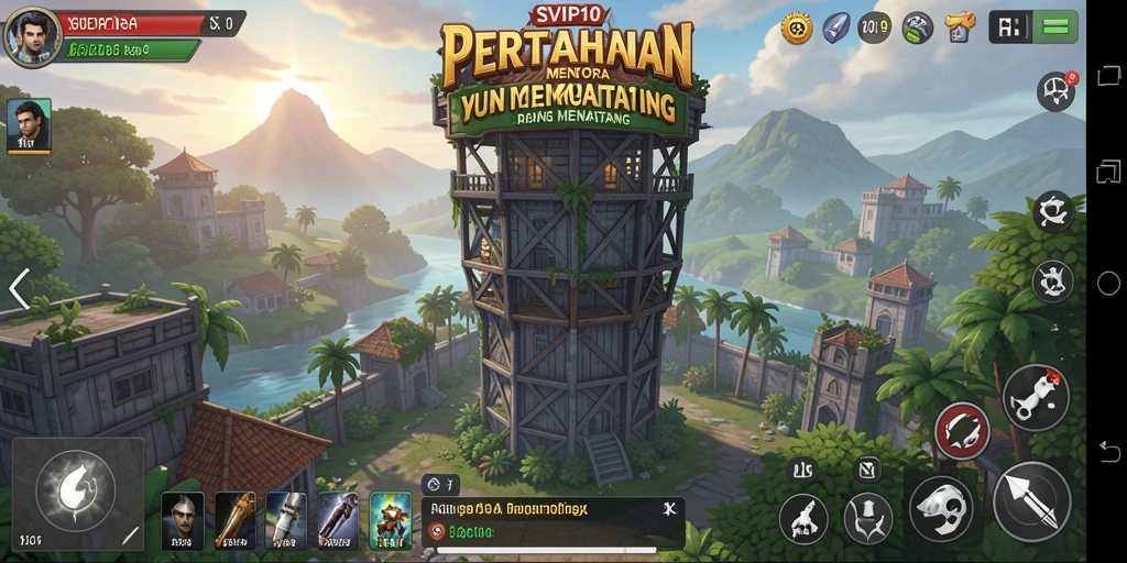 Screenshot gameplay SVIP10 menampilkan pertempuran Tower Defense yang intens.