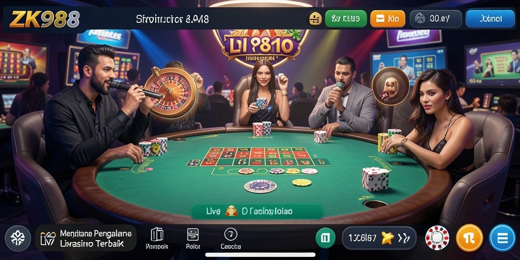 Screenshot gameplay ZK988 menampilkan dealer profesional dan aksi menarik.